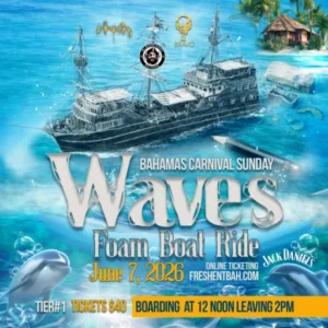 THE WAVE IS COMING. 🌊⚓ Get ready for the ultimate Carnival Sunday experience! We’re taking over the Blackbeard’s Revenge for the Waves Foam Boat Ride—the only way to celebrate Bahamas Carnival Sunday. Expect non-stop vibes, massive foam cannons, and the heavy-hitting sounds of DJ Bravo as we sail the crystal blue waters. Sponsored by Jack Daniel's. 📅 DATE: June 7, 2026 🕛 BOARDING: 12 Noon | LEAVING: 2 PM 📍 LOCATION: Blackbeard's Revenge